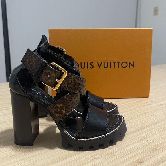 Louis Vuitton Black & Monogram Canvas Heels Star Trail Sandals Size 36 - Picture 3 of 10